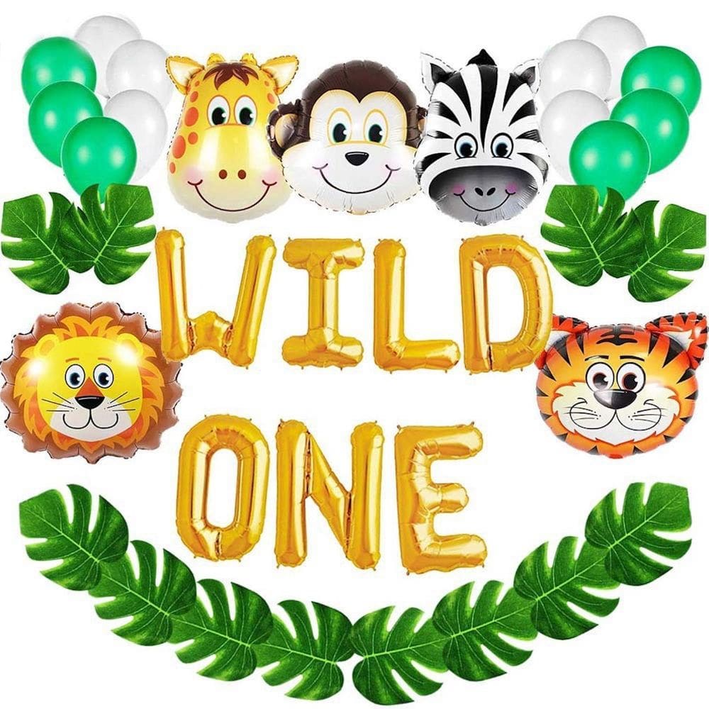 Kit de balões Wild One 39 unidades Mylar Monkey Lion Zebra Tiger