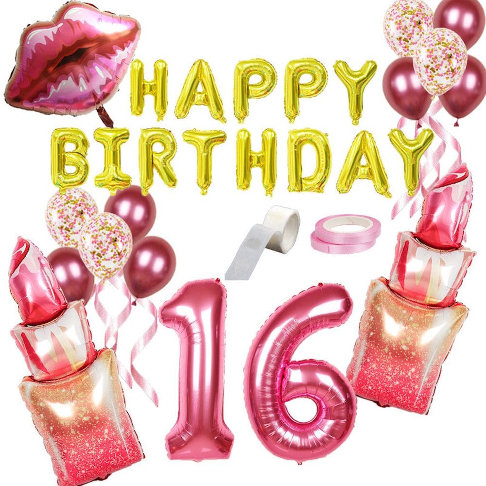 Kit de balões Happy Birthday 16 Mylar Lipstick Pink Lip x18