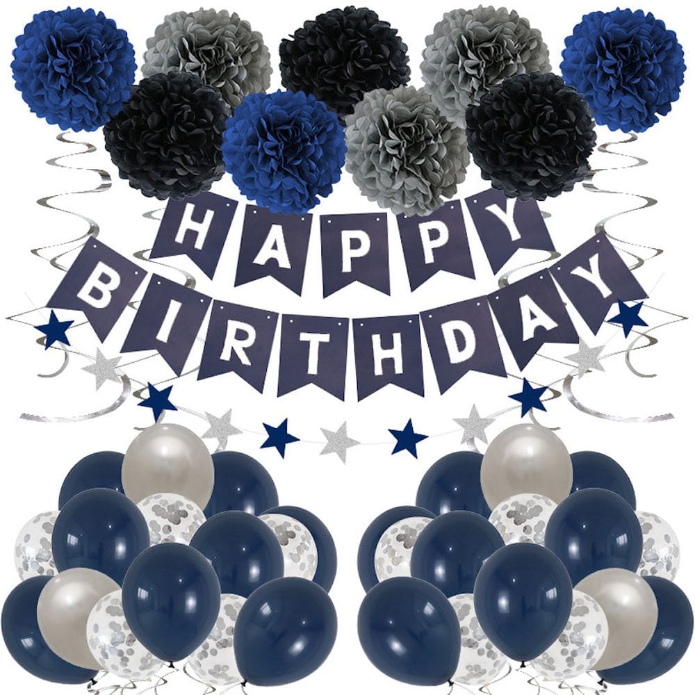 Kit de balões, azul escuro, cinza, confete de látex, 48 unidades