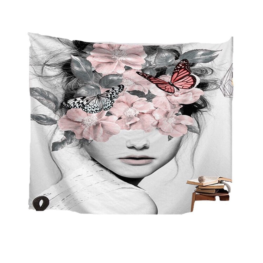 Tapeçaria Butterfly Flower Girl Wall 150x130cm em microtecido