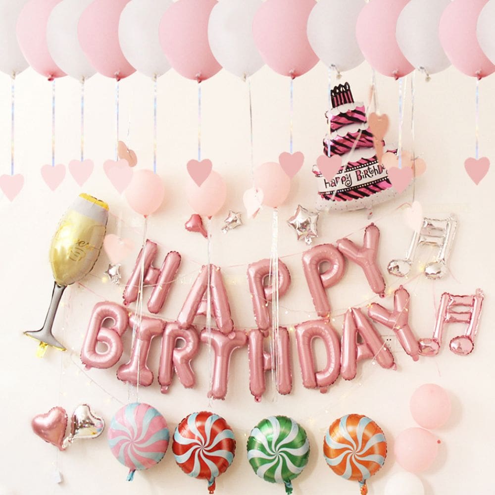 Kit de balões de feliz aniversário, 122 unidades de balões rosa de látex alumínio