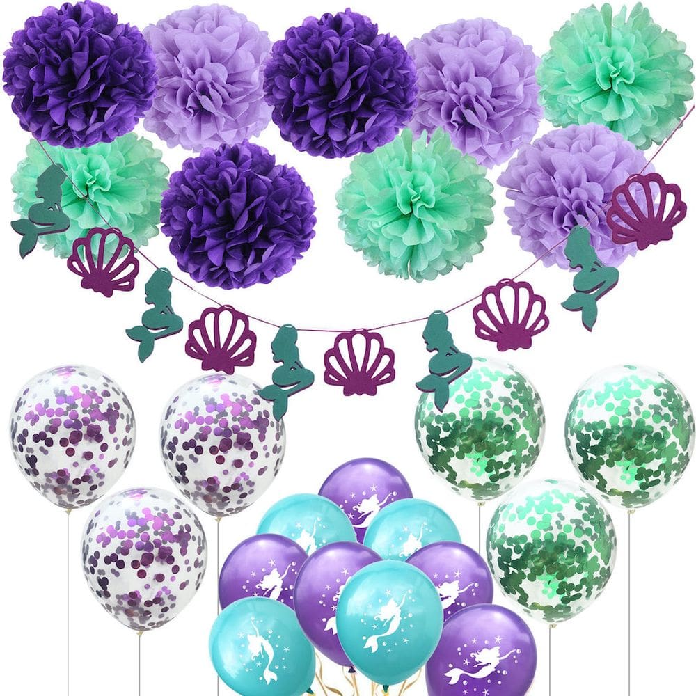 Kit de balões Mermaids, 26 unidades de confetes de látex com faixa e pompons