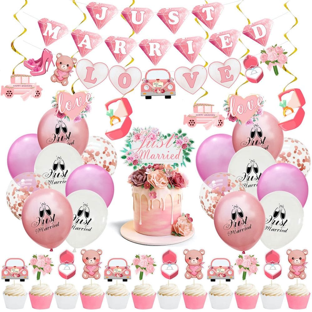 Kit de balões Just Married Love, rosa, branco, látex 36 unidades