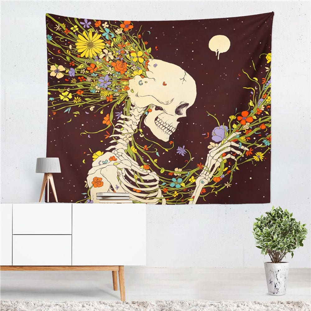 Tapeçaria de parede Ghost Halloween Skeleton Mão segurando flores