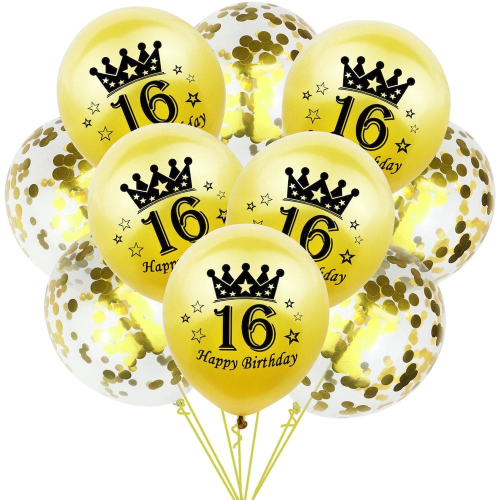 Kit de balões Feliz Aniversário 16, látex dourado, 30 cm, 10 unidades