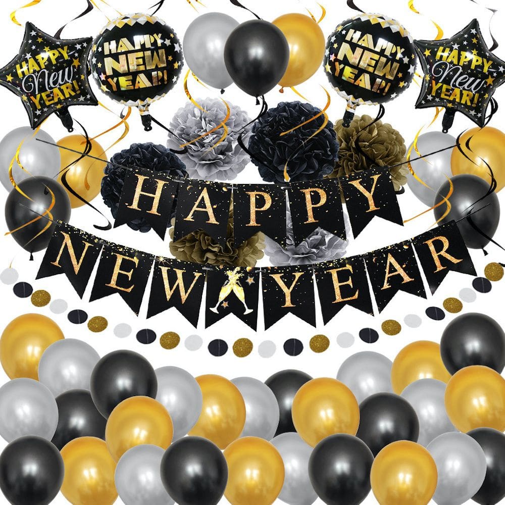 Kit de balão, 39 peças de Feliz Ano Novo, Preto, Ouro, Prata e Banner