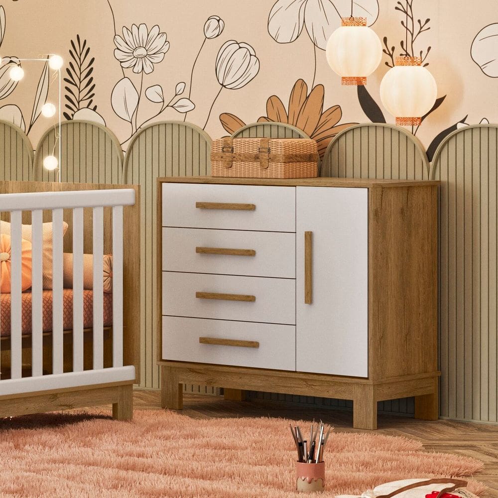 Cômoda Sapateira 1 Porta com 4 Gavetas Q Encanto Slim freijó/ Branco