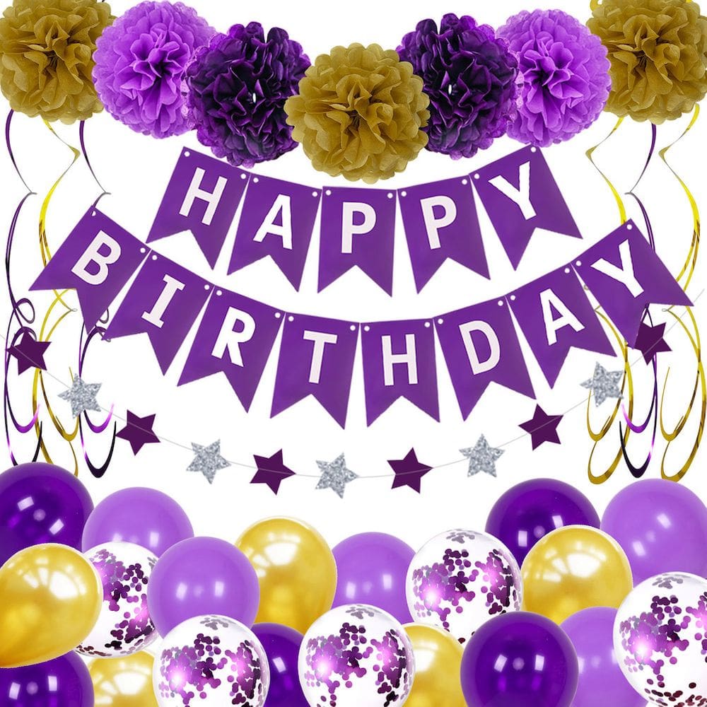 Kit de balões: confetes de látex roxo com 48 unidades de pompons de papel