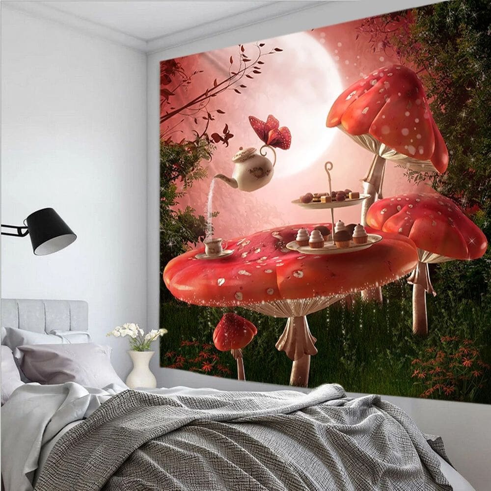 Tapeçaria: parede de cogumelos psicodélicos, 280x150cm, fibra de poliéster