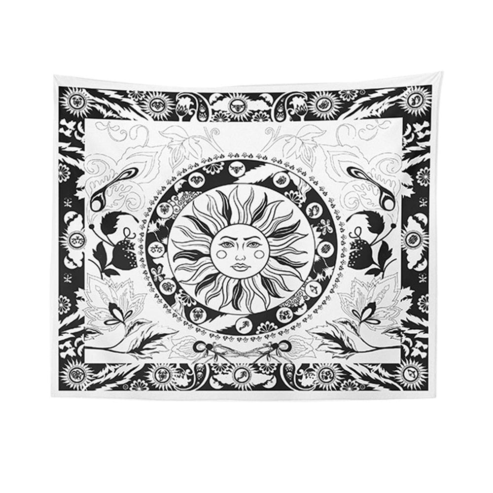 Tapeçaria de parede em preto e branco abstrata Sun Face Flower Leaf