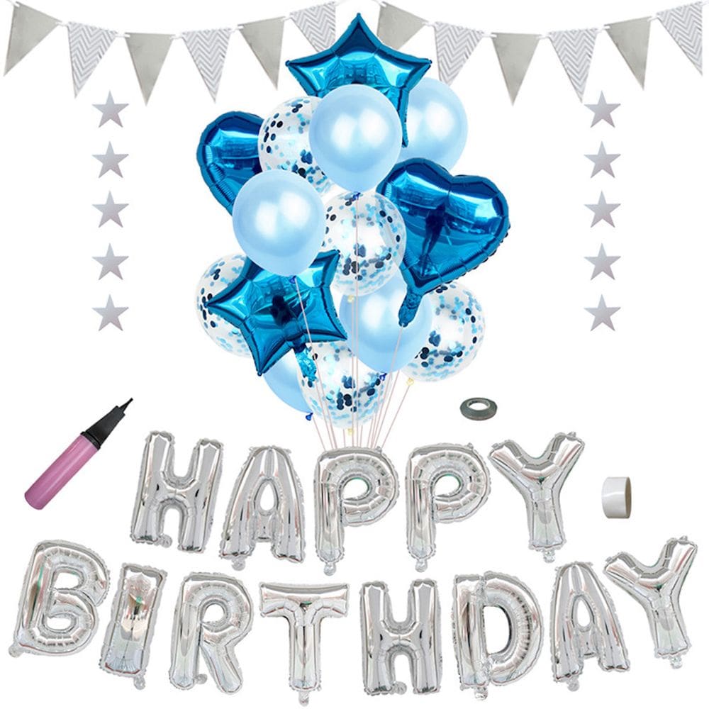 Conjunto de balões Happy Birthday 29 Latex Blue com bandeira