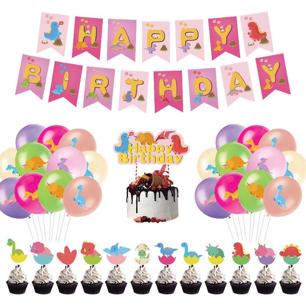 Kit de balões, látex e papel alumínio de dinossauro rosa, 46 unidades com banner C