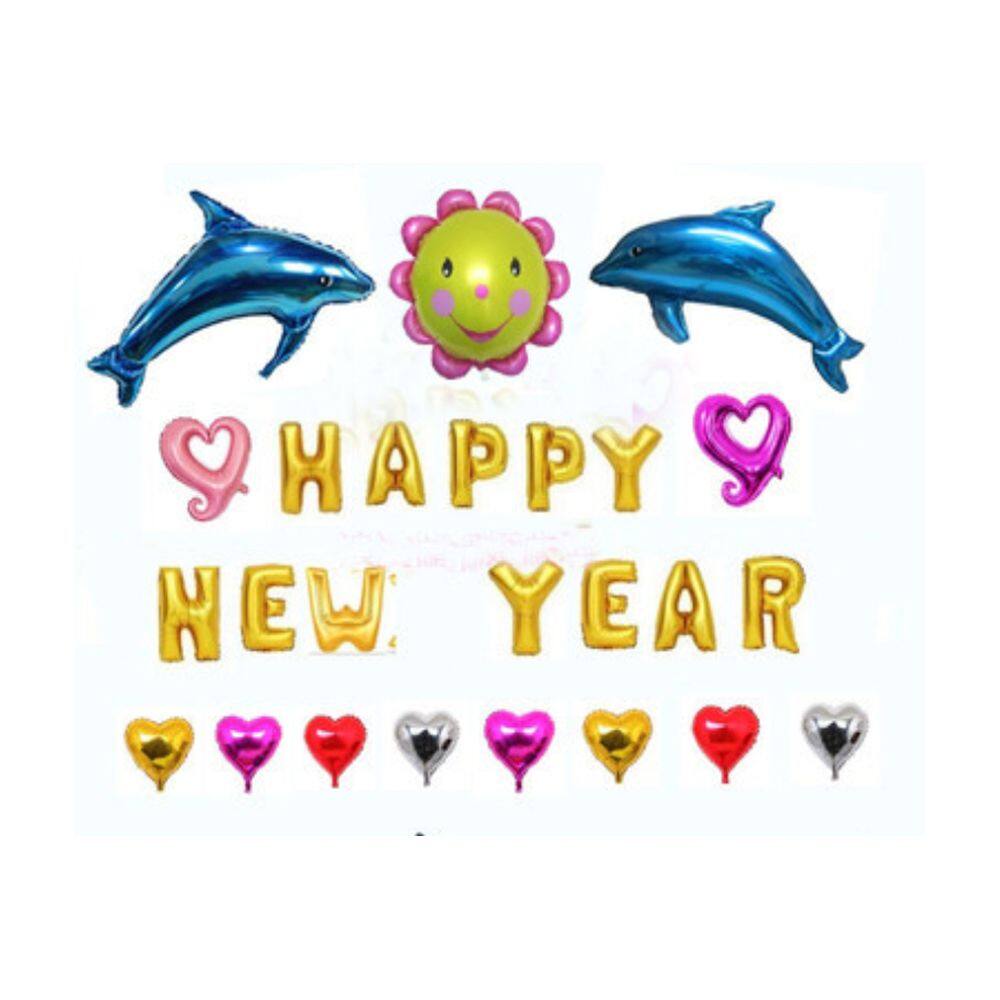 Kit de balões de Feliz Ano Novo, 14 unidades com balões de alumínio para golfinhos