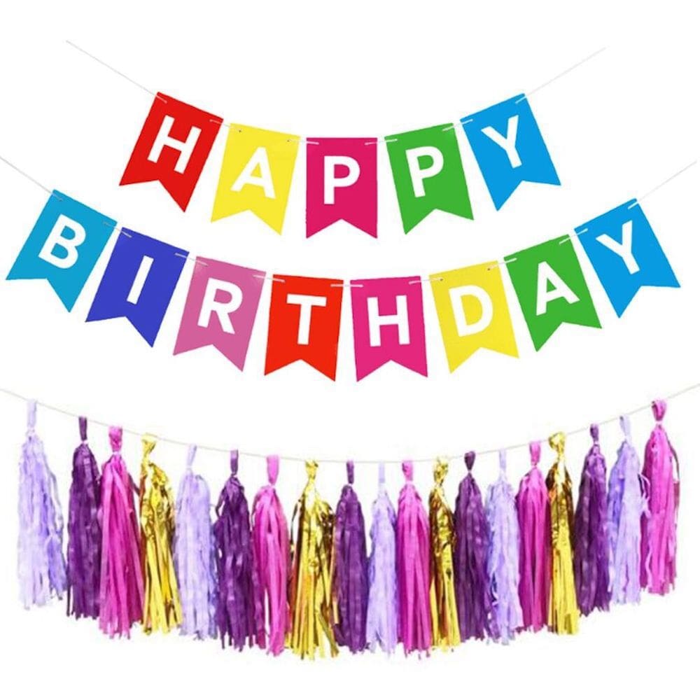 Kit de balões de aniversário, 21 unidades coloridas com borlas e banner