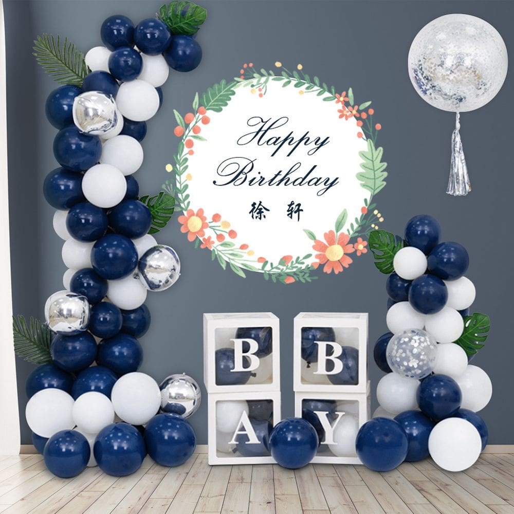 Kit de balões, azul escuro, branco, látex, confetes 84 unidades