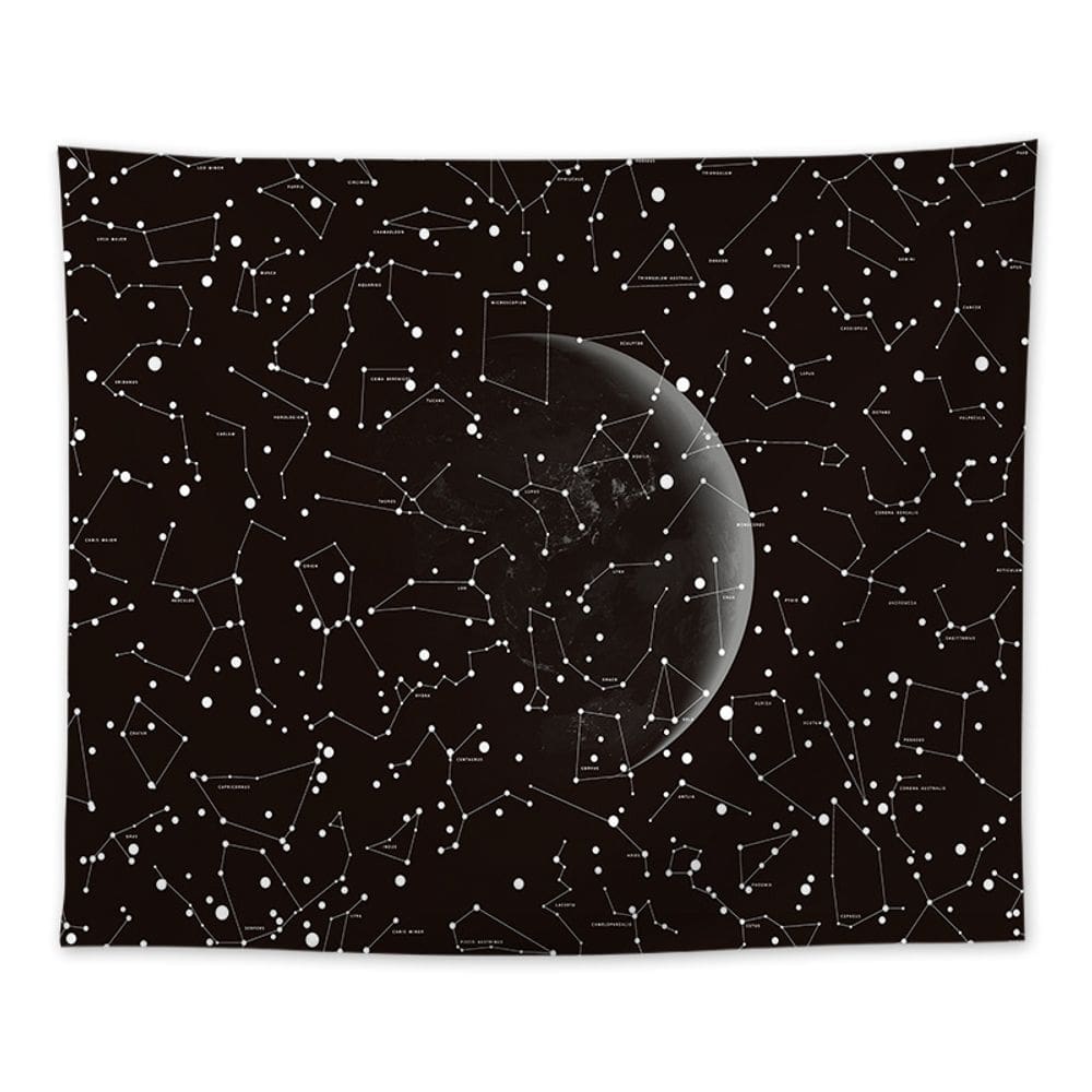 Tapeçaria preta, céu estrelado, lua, parede de 130 x 148 cm, microtecido