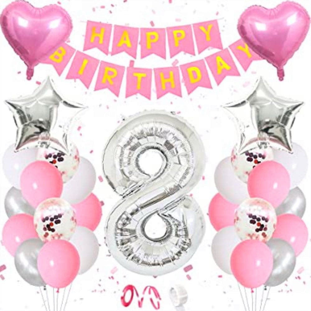 Kit de balões de aniversário, 28 unidades de prata rosa Mylar com 8 balões