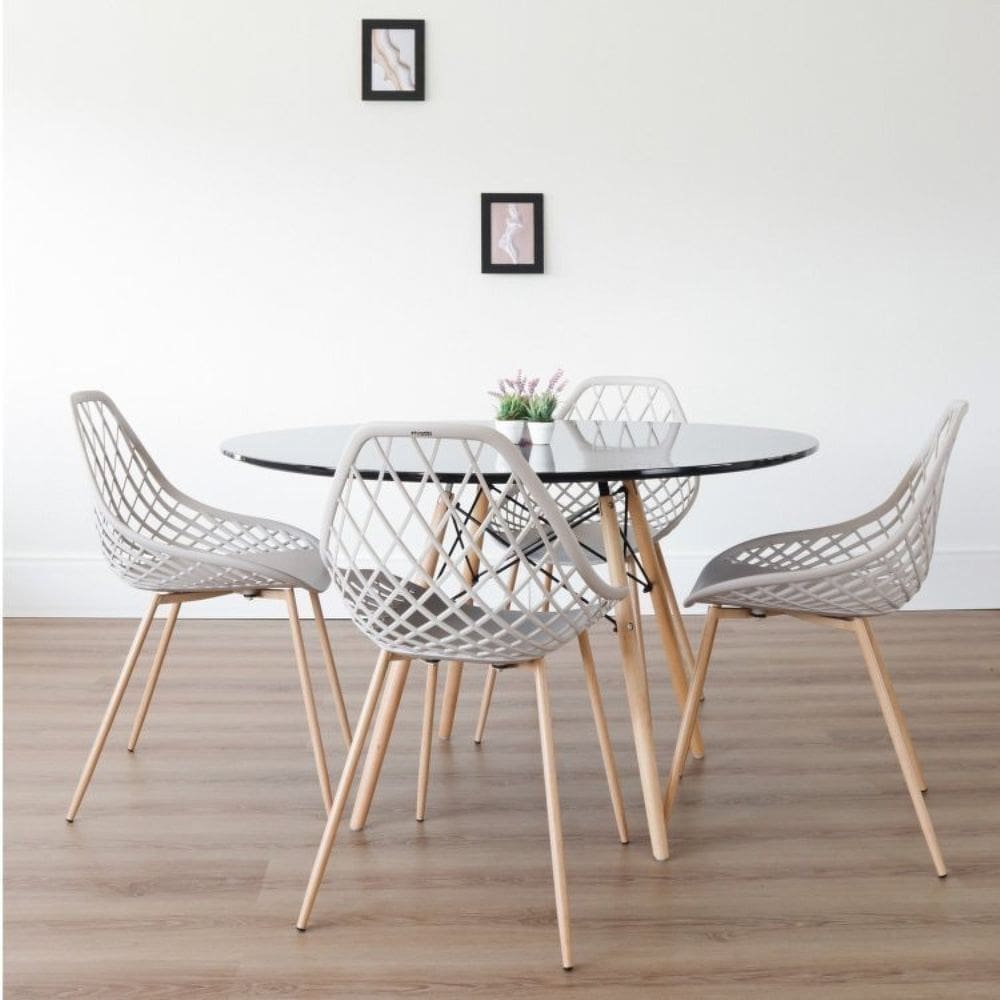 Conjunto Sala de Jantar Mesa Eiffel Redonda 120cm Tampo MDF com 4 Cadeiras Cloe Base Aço Nude