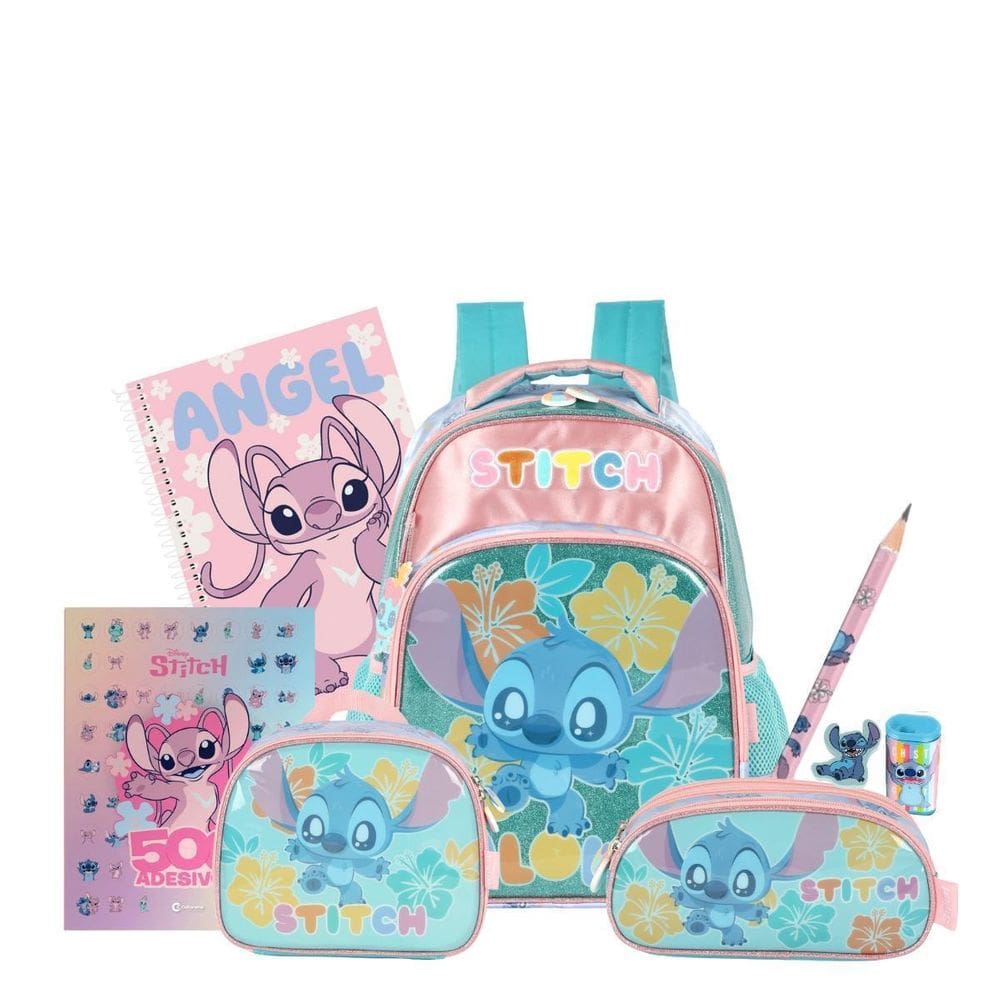Kit Mochila De Costas Lancheira E Estojo Triplo Stitch Kids