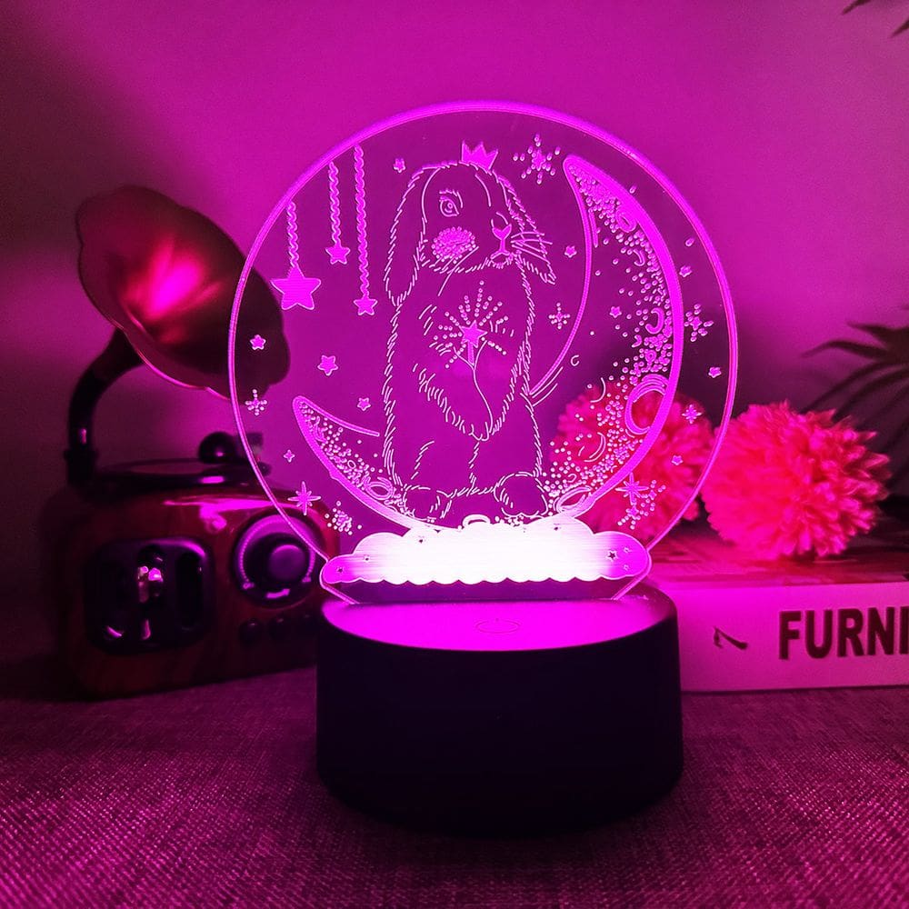 Luz noturna: LED 3D que muda de cor, coelhos, animais para crianças