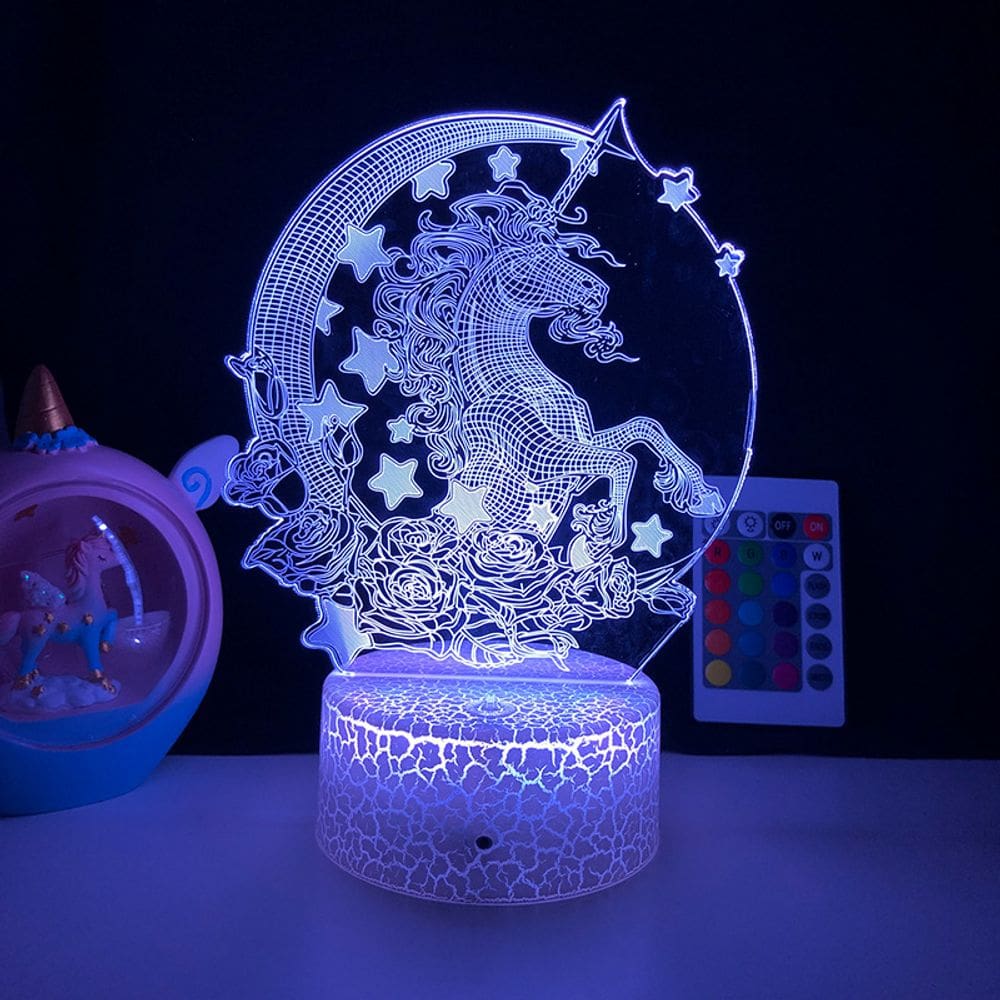 Luz noturna, LED 3D, unicórnios que mudam de cor para crianças de 22 cm