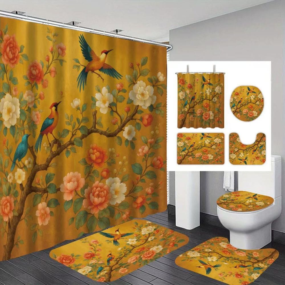 Conjunto de cortinas de chuveiro de banheiro Floral Bird, poliéster impermeável