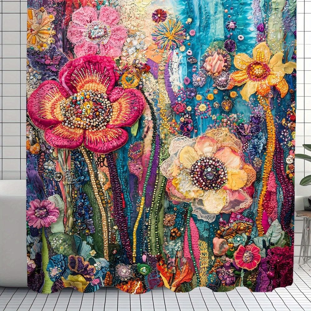 Cortina de chuveiro colorida vintage com arte floral poliéster 180x180cm