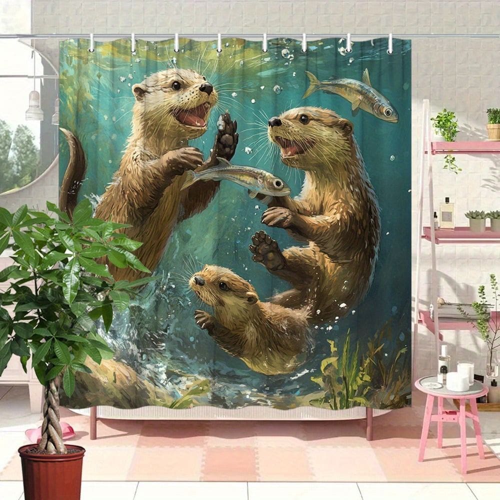 Cortina de chuveiro impermeável de poliéster 180x200cm com estampa de lontra