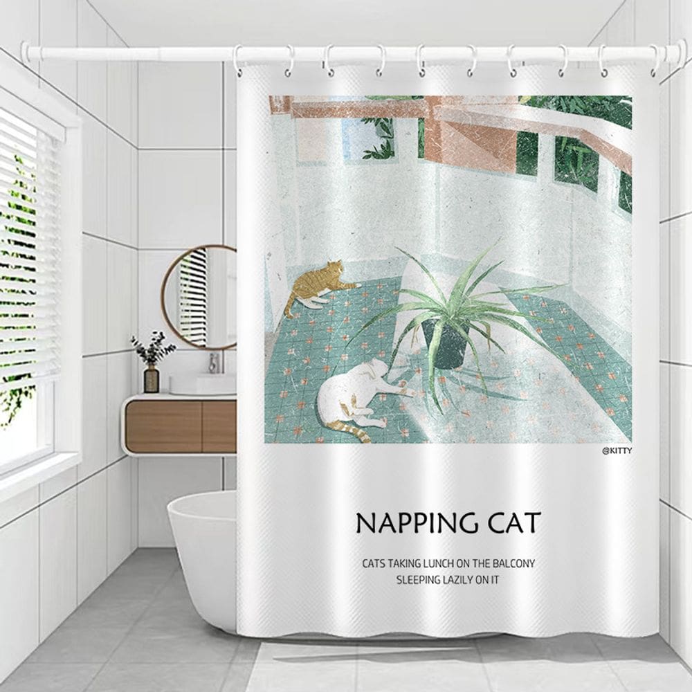 Cortina de chuveiro impermeável de poliéster Modern Napping Cat 180x200cm