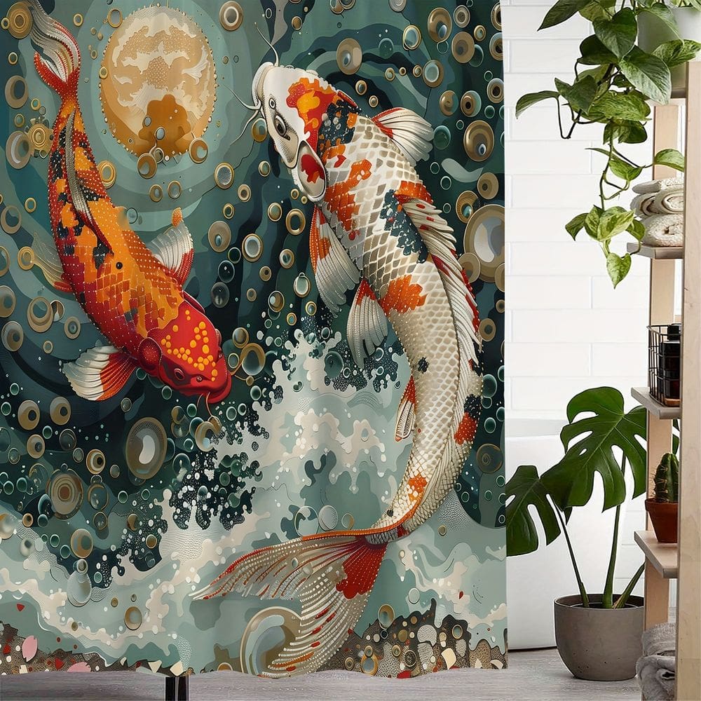 Cortina de chuveiro impermeável em poliéster Koi Fish Artwork 180x180cm