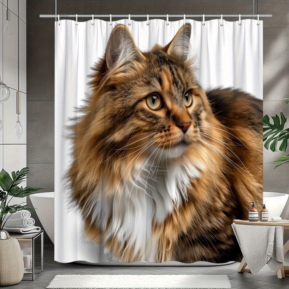 Cortina de chuveiro de pêlo comprido para gatos com olhos verdes 180x200cm poliéster