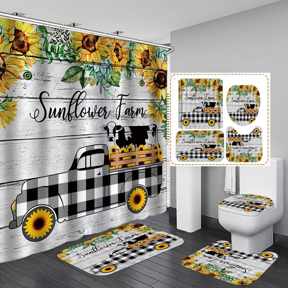 Conjunto de cortinas de chuveiro Sunflower Farm Rustic Truck de 4 peças