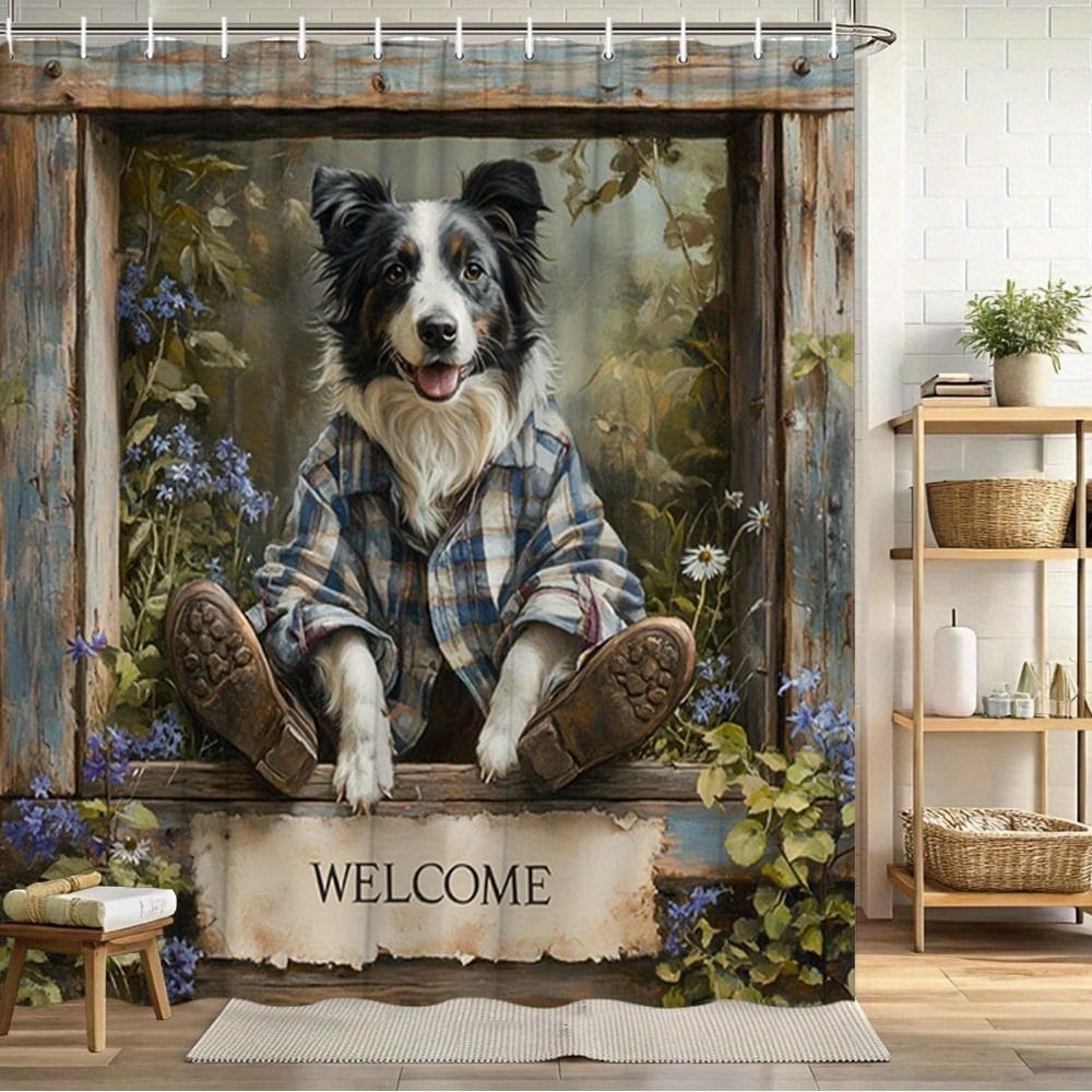 Cortina de chuveiro impermeável Border Collie Rustic Welcome