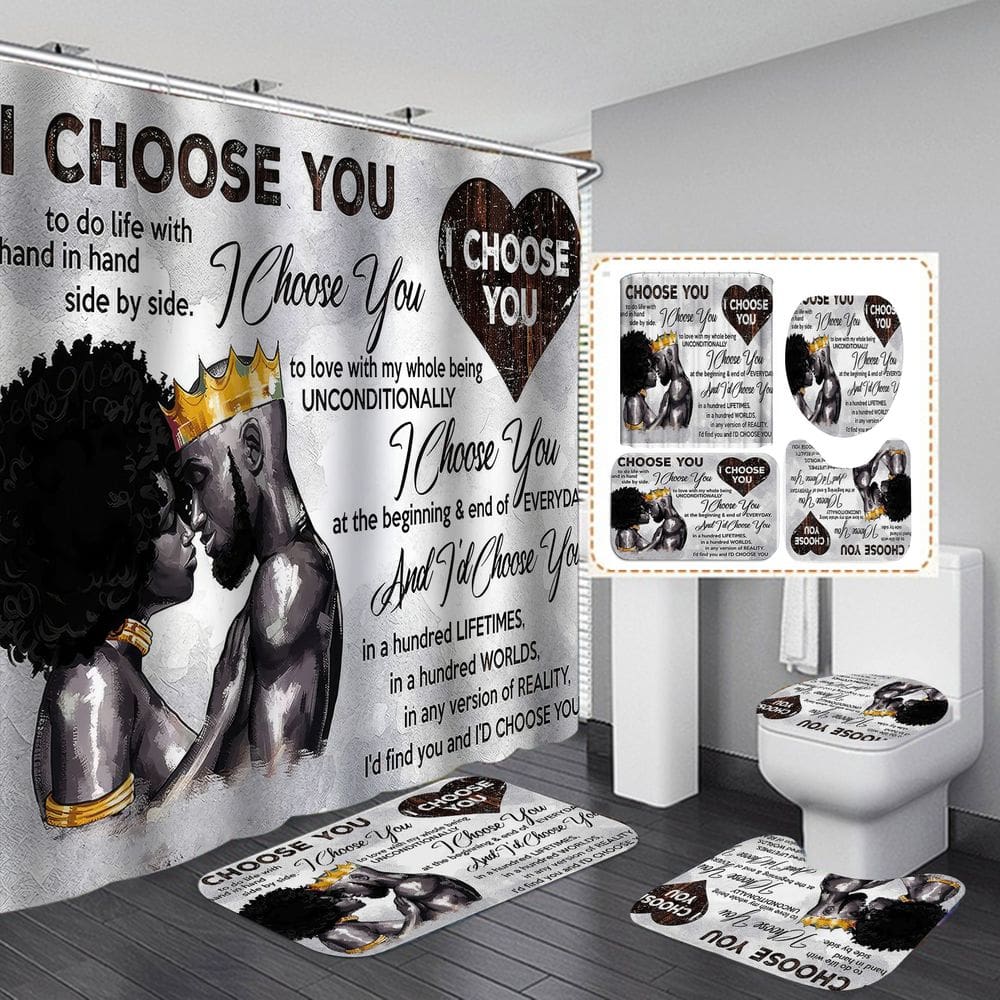 Conjunto de cortinas de chuveiro I Choose You com tapete e tampa de vaso sanitário