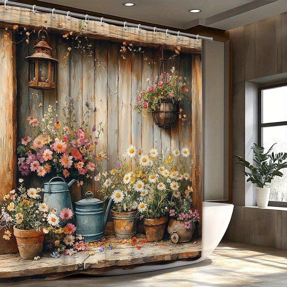 Cortina de chuveiro rústica floral de jardim de poliéster 180x200cm