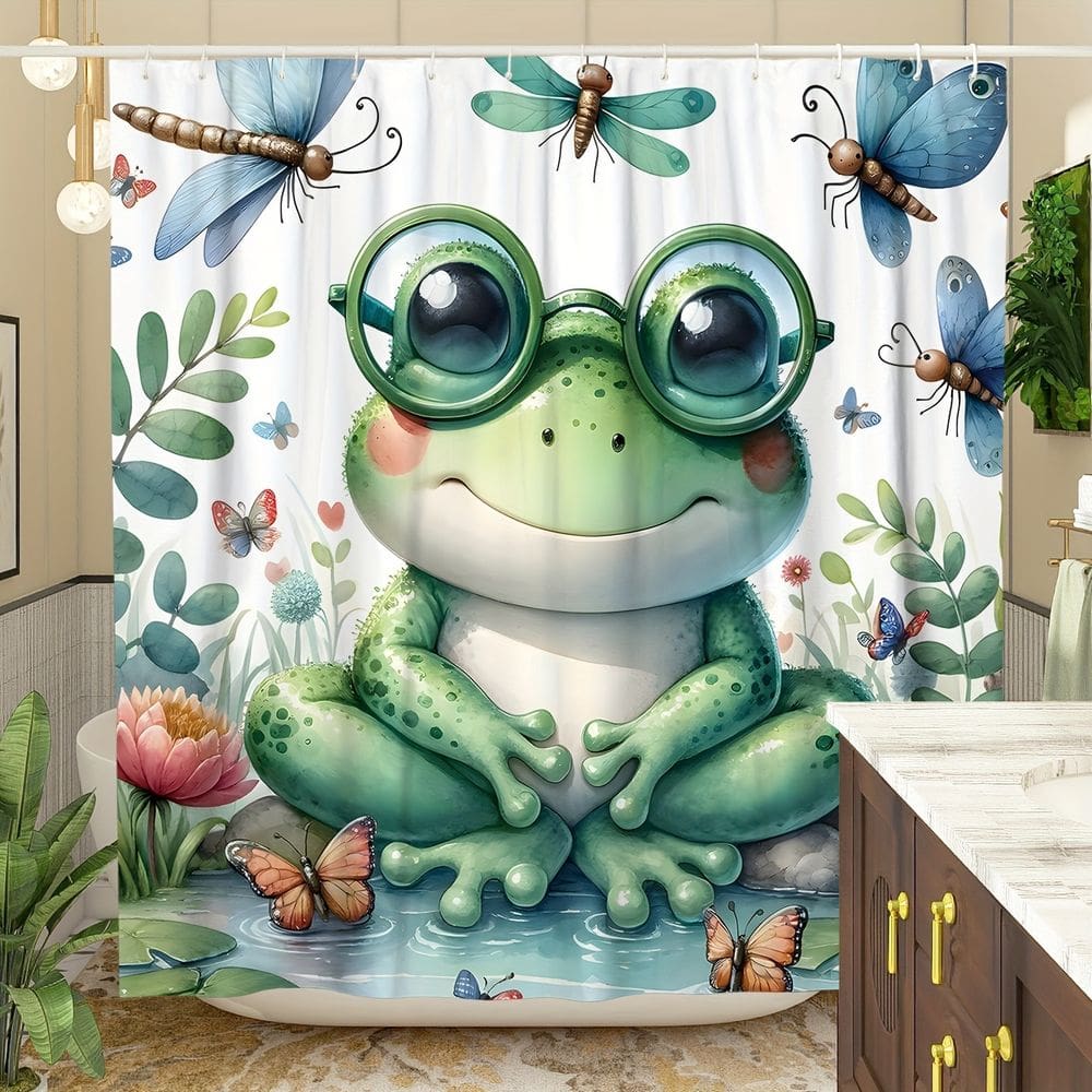Cortina de chuveiro Cute Frog impermeável de poliéster 180x200cm
