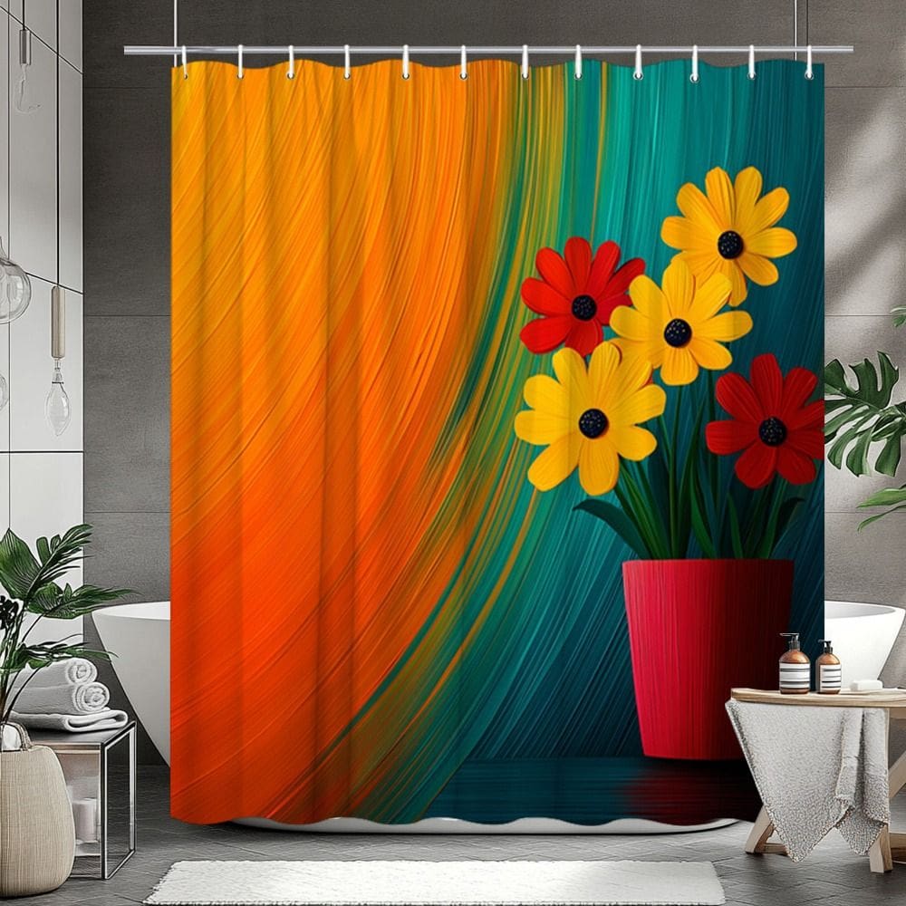 Cortina de chuveiro impermeável de poliéster vibrante com design de flores