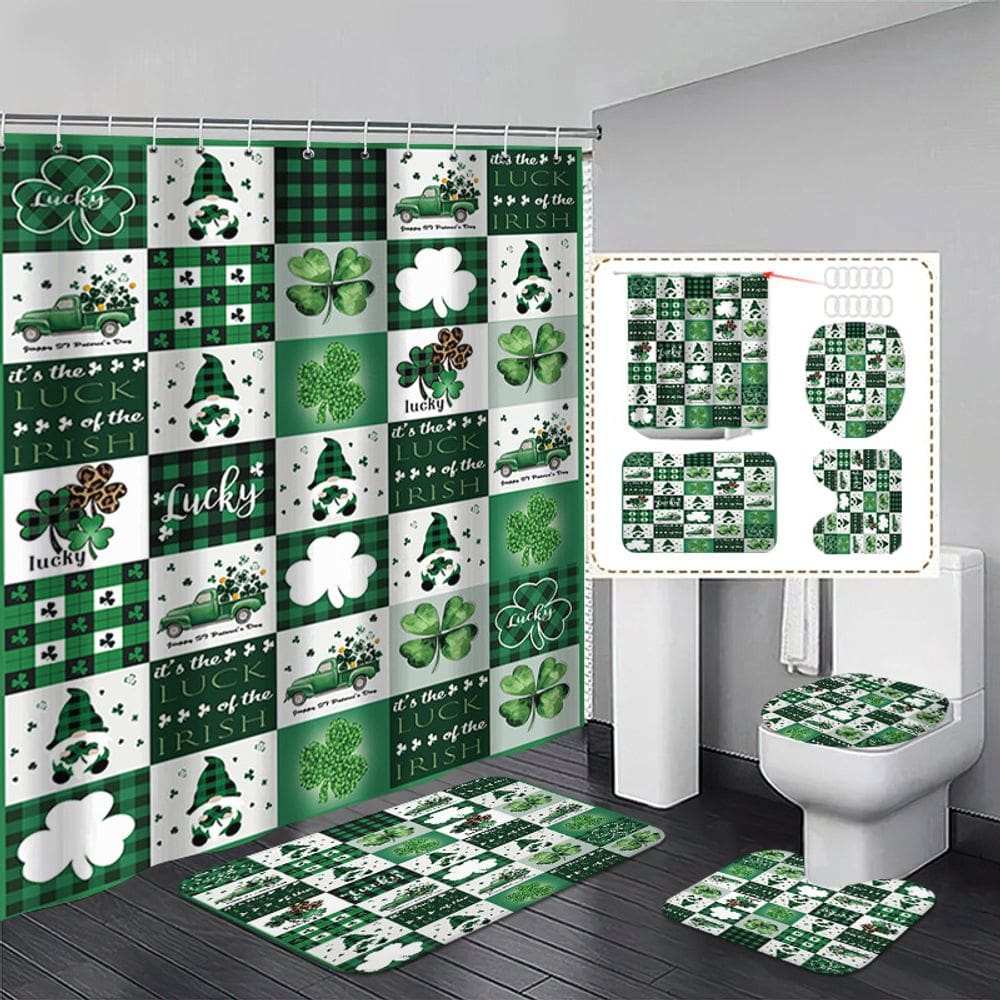 Conjunto de cortinas de chuveiro para o Dia de São Patrício com design Lucky Clover