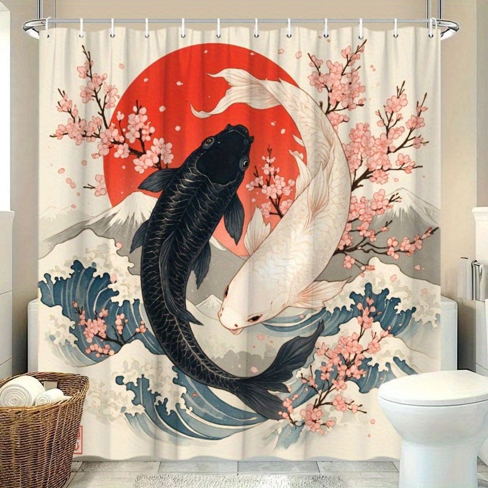 Cortina de chuveiro impermeável de poliéster japonês Koi Carp 180x200cm