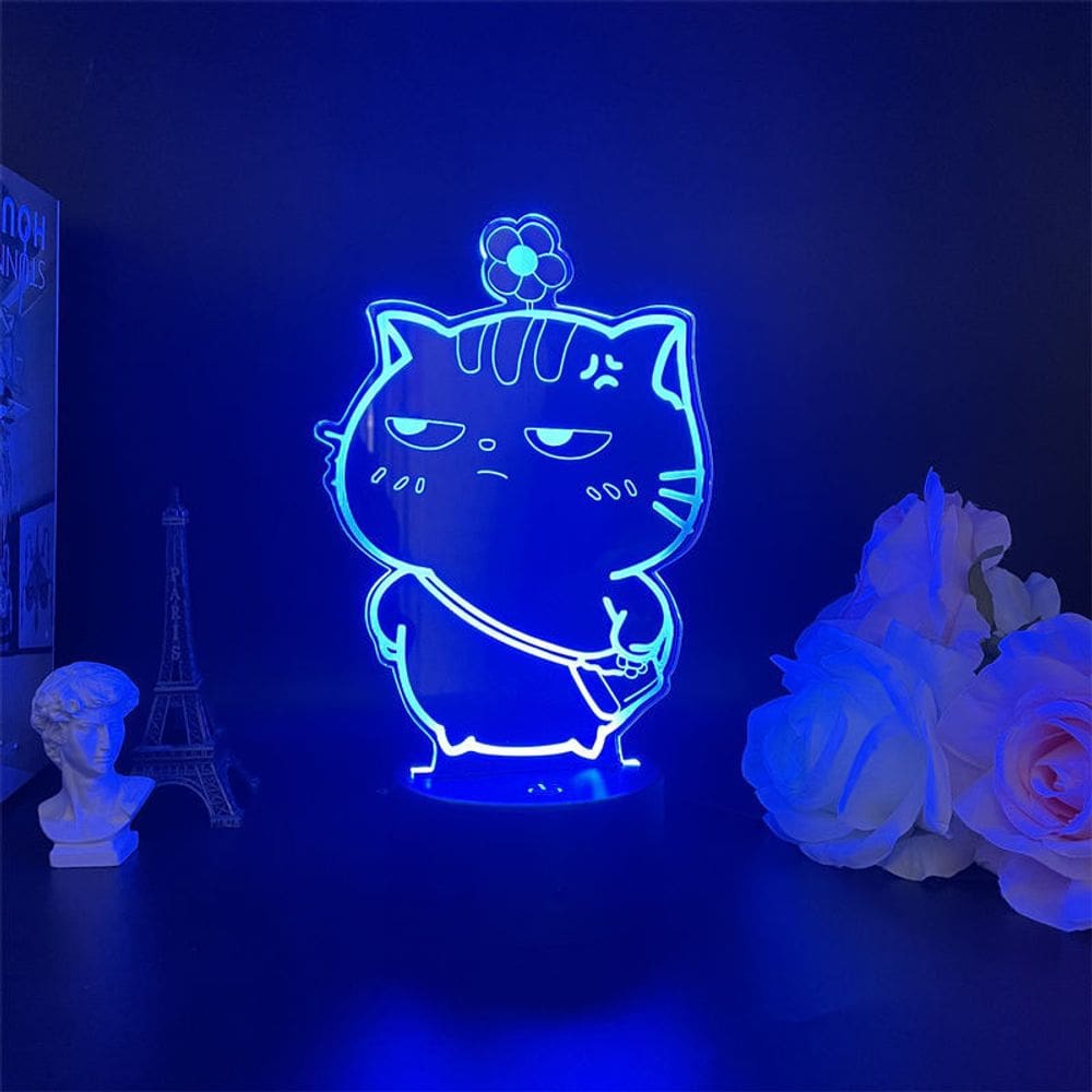 Luz noturna LED 3D para gatos fofos com flores mudando de cor