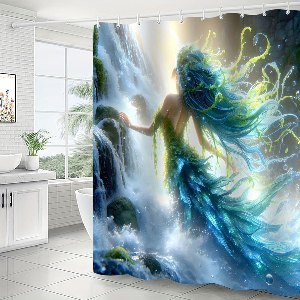 Cortina de chuveiro Mermaid Waterfall 180x200cm de poliéster impermeável