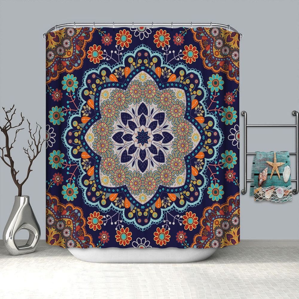 Cortina de chuveiro colorida Boho Mandala impermeável de poliéster