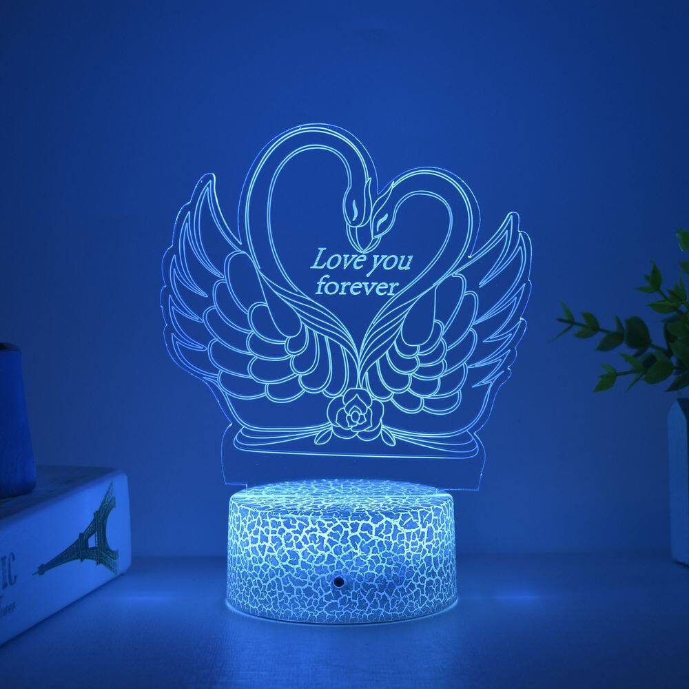 Luz noturna LED 3D Loves Yous Frevers Swans que muda de cor