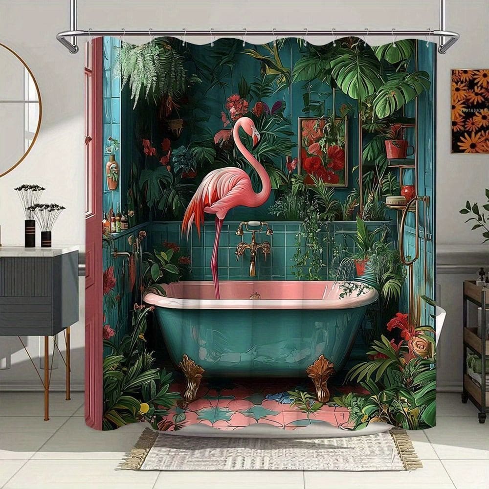 Cortina de chuveiro Flamingo Tropical Garden 180x200cm impermeável
