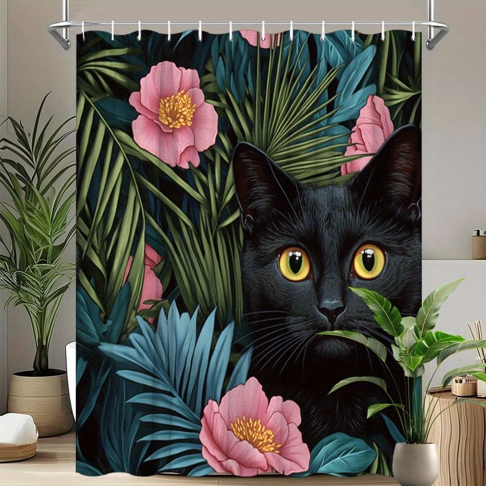 Cortina de chuveiro Black Cat Tropical Floral 180x200cm poliéster