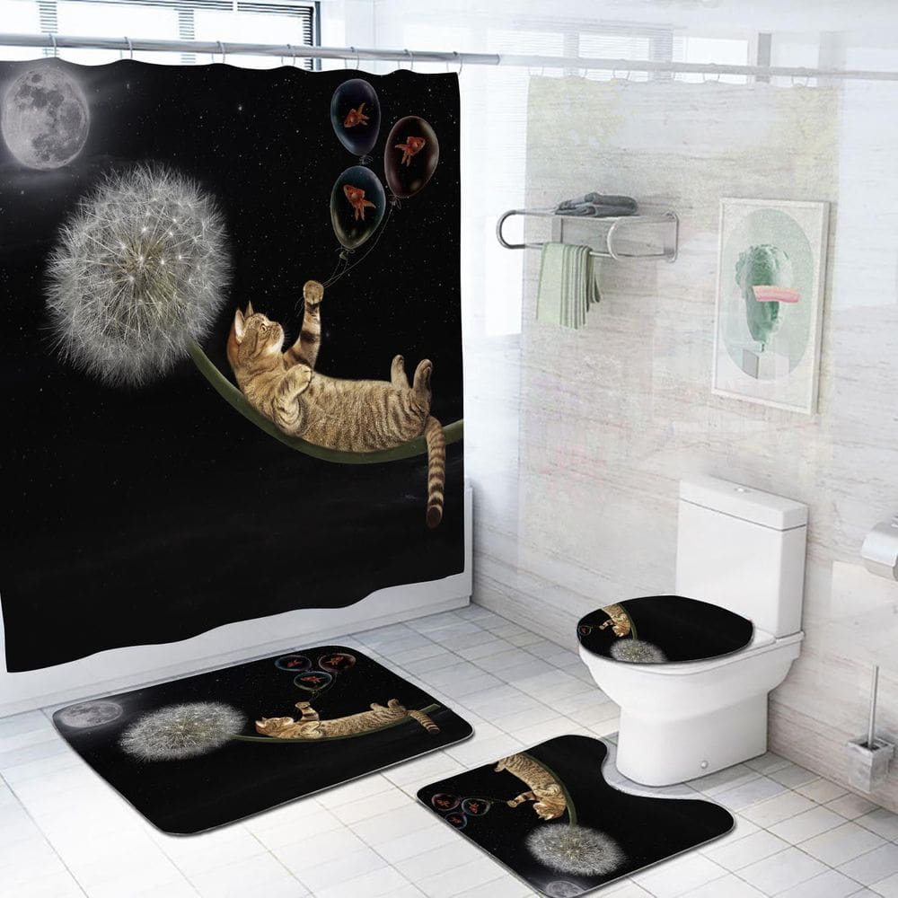 Conjunto de cortinas de chuveiro Whimsical Cat and Dandelion Bathroom Dec