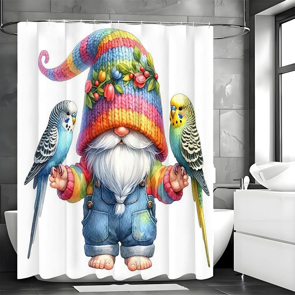 Conjunto de cortinas de chuveiro Colorful Gnome Parrot com 12 ganchos