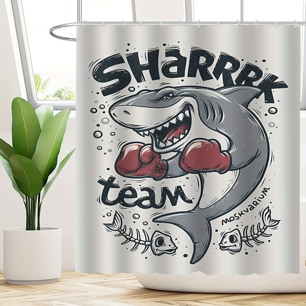Cortina de chuveiro impermeável de poliéster Cartoon Boxing Shark
