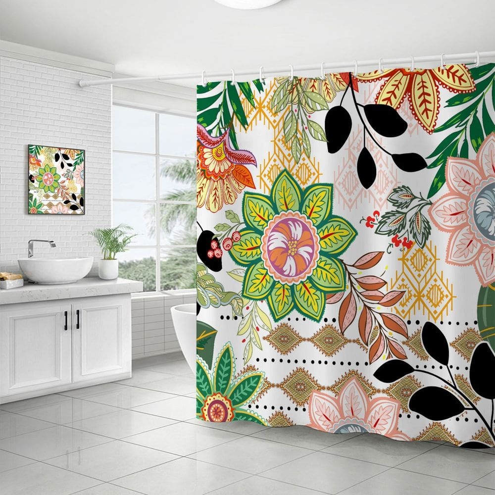 Cortina de chuveiro floral indiana com padrão de folha impermeável