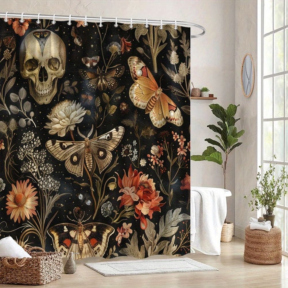 Cortina de chuveiro gótica, caveira, mariposa e floral 180x200cm poliéster